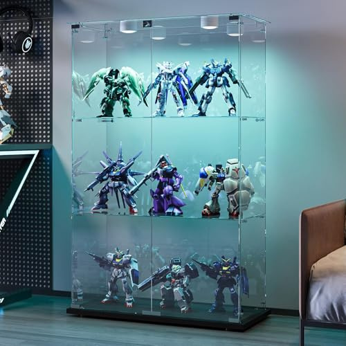 BRILVERDE Vitrina de cristal con 3 estantes de cristal con luces LED, doble puerta con cerradura, armario vitrina para colecciones, libros, vino, oficina y salón (color negro, 123 x 78 x 35 cm)