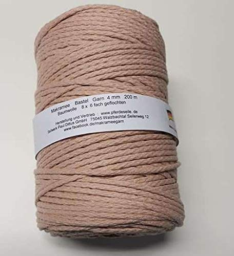Makrameegarn Makramee Baumwollgarn Bastelgarn NUDE/Puderrosa 200 Meter 4 mm - geflochten