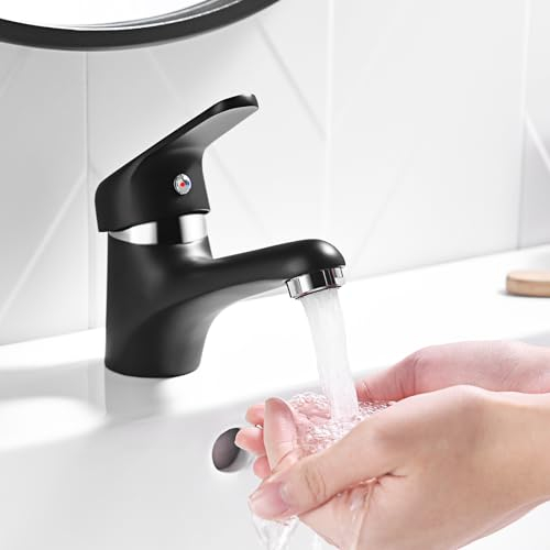 Auralum Noir Robinet Mitigeur Lavabo ave Bubbler amovible，Mitigeur Lavabo Monotrou en Laiton avec Noyau de Valve en Céramique Eau Chaude et Froide Réglable pour Salle de Bain