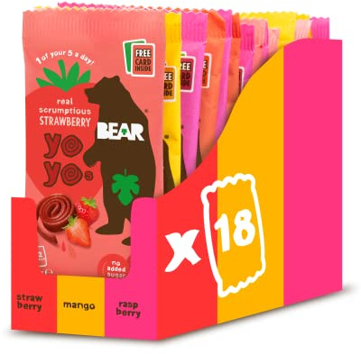 BEAR Fruit Yoyos Variety Pack 20g (Pack of 18) – 100% Fruit, No Added Sugar, Ideal lunchbox snack for kids or on-the-go