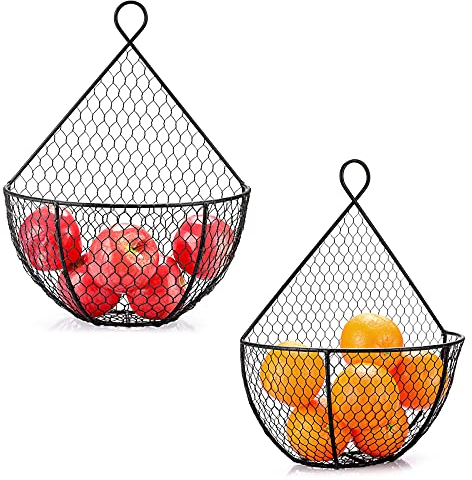 IGNPION Set di 2 cestini porta frutta da appendere a parete, cesto per frutta, frutta, verdura, snack, pane, ciotole, nero