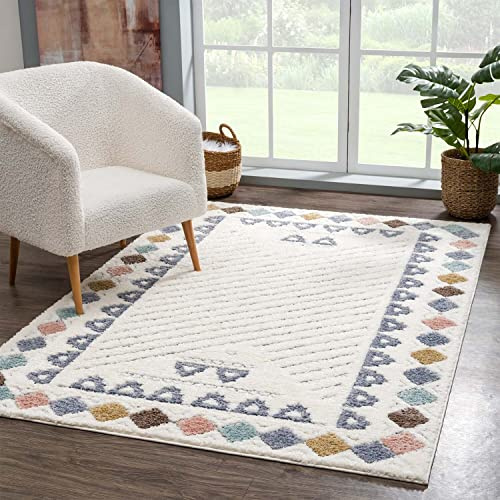 carpet city Teppich Hochflor Wohnzimmer - 120x170 cm - Boho-Style Bordüre Creme Multi - Cut-Loop, Hochtief, 3D-Effekt - Shaggy Teppiche Flauschig-Weich Schlafzimmer Langflor