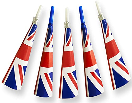 Lizzy 5pk Union Jack Party Horns | Queen Elizabeth II Banner for Respect Expression Memorial Services | Royal Event Noise Makers, Party Whistles Party Décor (Party Horns)