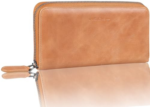 VISOUL Premium Brieftasche Echtleder Italienisches Leder mit RFID Schutz, XL Geldbörse für Herren Damen L02 Khaki