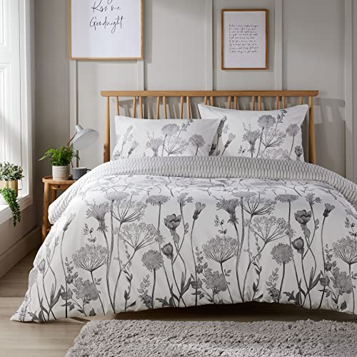 Olivia Rocco Easy Care Printed Duvet Cover Set 100% Polyester Breathable Stylish Comforter Reversible Quilted Bedding Bed Sets With Pillowcases Meadow Grey King