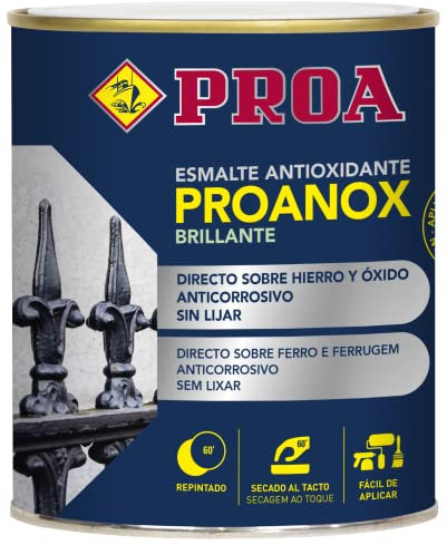Esmalte antioxidante directo sobre óxido BRILLANTE. Negro RAL 9005. 750 ML. Pintar sobre hierro y óxido sin necesidad de imprimación. PROANOX.