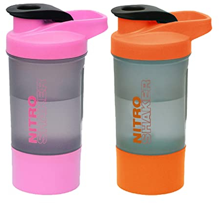 (Set of 2) 600ml Protein Shaker Bottle with Leakproof Screw on Lid & Flip-Top Spout Metal Mix Ball & Storage Box Gym/Sports/Exercise Pre-Workout Drinks BPA Free Shaker Drink Bottle (Pink + Orange)