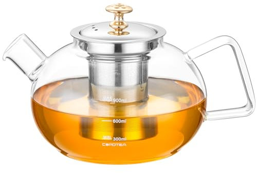 COPOTEA Teiera in vetro con infusore, teiera in vetro di alta qualità da 1200 ml, bollitore per tè in fiore e foglie sfuse, con confezione regalo