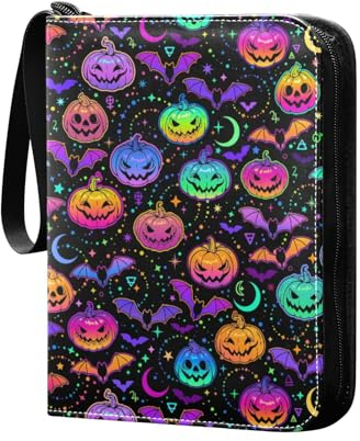 Halloween Kürbisse Fledermäuse Sammelkartenalbum 4 Taschen Kartenordner 50 Seiten 400 Karten PU Reißverschluss Kartenbinder Aufbewahrungshalter für Sportspielkarte