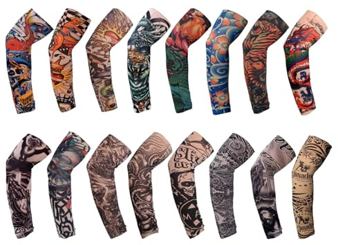 TSHAOUN 16 Pieces Fake Temporary Cool Tattoo Sleeves, Art Arm Fake Tattoo Sleeves Cover For Men Women, Nylon Elastic Arm Stockings Halloween Tattoo Hip Hop Sun Block Sleeves For Festivals (16Colors)
