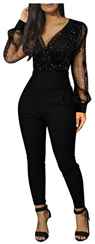 Byxdress dam festlig elegant | jumpsuit paljetter dam | långärmad glitteroverall elegant festlig bröllop byxor sexig v-ringad lekdräkt lång sparkdräkt cocktail lekdräkter, svart, M