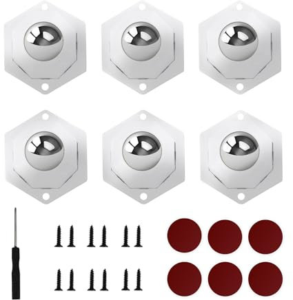 6Pcs Self Adhesive Caster Wheels Set, 360° Rotation Smooth Stainless Ball Wheels, Silent Moving Adhesive Castor Wheel with Screwdriver Screws Stickers, Stainless Ball Castor Wheels for Storage Boxes