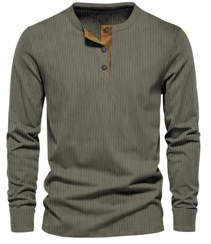 MakingDa Corduroy Mens Henley Shirt Long Sleeve Button Crew Neck Pullover Vintage Slim Fit Sweatshirt Fashion Soft Lightweight Casual Classic Work Grandad Shirt Green M