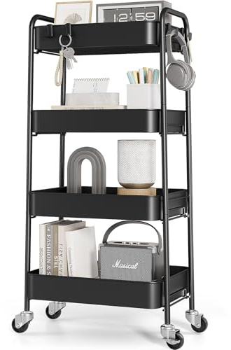 KINGRACK 4-stufiger Metall-Küchenwagen mit Rollen – Servierwagen & Allzweckwagen für Küche, Bad, Büro – Schraubenlos, einfach montiert (Schwarz)
