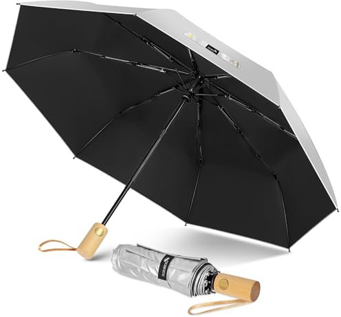 ZOMAKE UV Umbrella for Sun Protection UPF 50+,Sun Umbrella UV Protection,43 Inch Travel Compact Brolly Solar Blocking Reflective Windproof Auto Open Close with Wooden Handle (Silver/Black)
