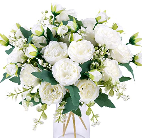 Floweroyal 2 Bunches Peony Artificial Flowers White Flowers Silk Peonies Bouquets for Wedding Party Table Centerpieces Floral Arrangement Home Kitchen Decor
