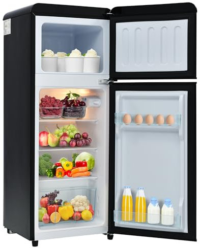 Réfrigérateur Rétro à Double Porte, 92 Litres, volume de congélation de 28 litres, Frigo Congelateur Combiné, 116 kWh/an, -27°C ~13°C, éclairage LED, Mini Fridge de Chambre,Noir