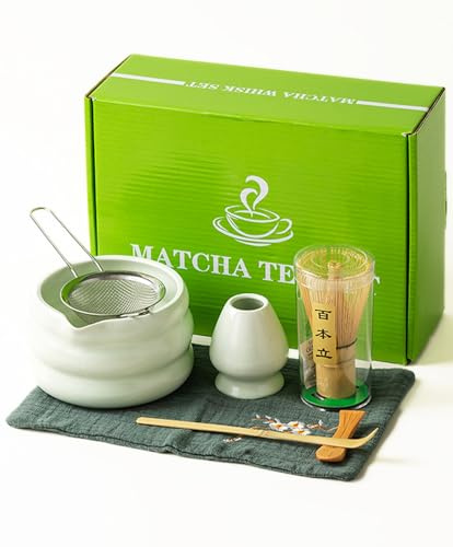 Matcha-set, Matcha whisk set, 7 stycken matcha-tillbehör, matcha-skål med utlopp, bambuvisp, vispstativ, tesked, keramiskt skedstativ, sil, diskhandduk, perfekt för matcha-älskare