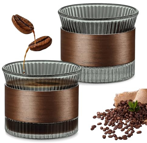 Espressokoppar, set av glas, 150 ml – 2 cappuccino-koppar med trämanschetter av valnötsträ, glas för espresso, te, mocka och latte, kaffekopp utan handtag för kaffeälskare (rökgrå)