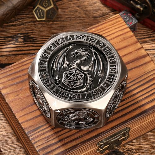 Unique Metal DND Dice Set, Spinner Dice and Fidget Spinners with Dragon & Mythical Symbols, Premium Metal Dice for Dice Games, Perfect DND Gifts for RPG Fans, Comes with Exquisite Box, Silver
