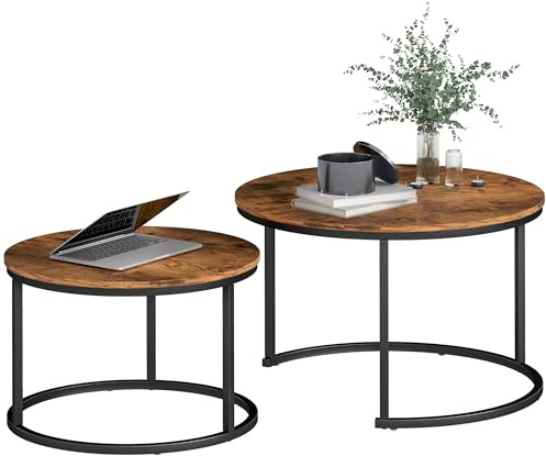 HOMCOM Coffee Table Set of 2, Round Nest of Tables with Metal Frame, Modern Side Tables for Living Room, Rustic Brown