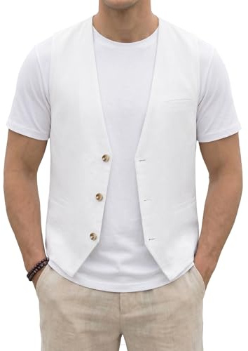 HISDERN Gilet estivo da uomo in cotone e lino modello casual in tinta unita con tasche Bianco 2XL