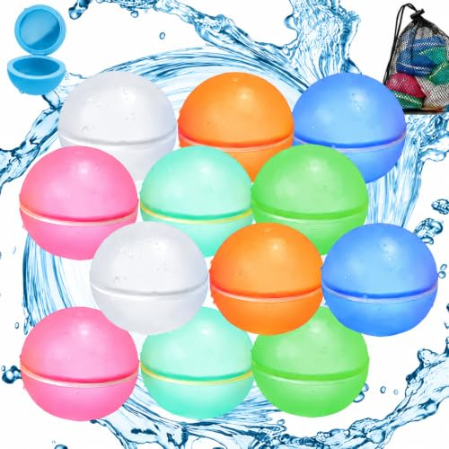 12Pcs Reusable Water Balloons, Water Bombs, Set of 12 Silicone Splash Balls with Secure Snap Lock, Outdoor Garden Play Water Toys for Summer Fun, Multi-Colour Pack with Storage Mesh Bag