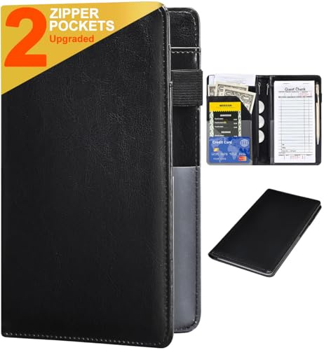Servitrisböcker – servitörplånbok i läder med dragkedja, söt servitris personalarrangör med silverficka för servitrisförkläde (klassisk svart)