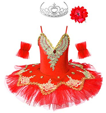 MSemis Enfant Fille Tutu Ballet Robe de Danse Classique Justaucorps Gymnastique Paillette Collant Robe Patinage Body Sport Tenue Performance 5-14 Ans Rouge or 9-10 ans