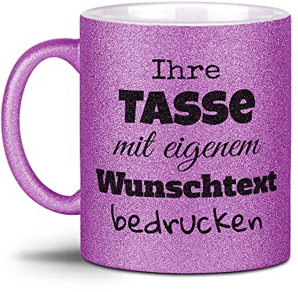 Glitzertasse selbst gestalten - mit Text Personalisieren - Geschenk für Familie, Freunde, Frauen, Glitter - Hochwertige Keramik Lila - Links & Rechts vom Henkel Bedruckt