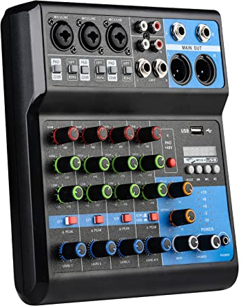 Audio Mixer Channel, Sounds Mixer for Streaming. Mixing Board Console With DJ Mixer 5 Channel, Usb Audio Interface and 48V Phantom Power Mixer, DJ Studio Sound Board with FX Reverb Delay Effect.