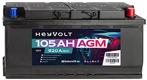 HeyVolt AGM Autobatterie 12V 105Ah 920A/EN Starterbatterie, Start-Stop & Standheizung geeignet, absolut wartungsfrei