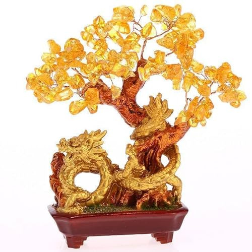 lachineuse Gul citrin drakträd - feng shui-träd 19 cm - asiatisk japansk drakdekoration - lyckoträd med gyllene drake - asiatisk dekor ädelstenar - japanskt zen-objekt