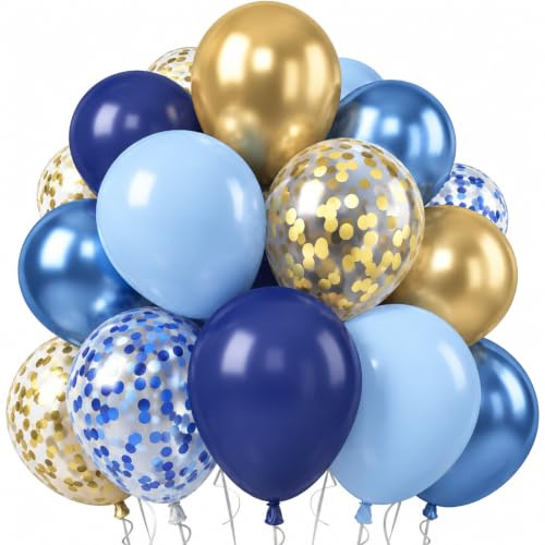 Jobkoo Blue and Gold Balloons, 60Pcs 12Inch Navy Pearl Blue Party Balloons with Metallic Confetti Helium Balloon Set for Men Birthday Graduation Winter Wonderland Shower Christening Party Decorations