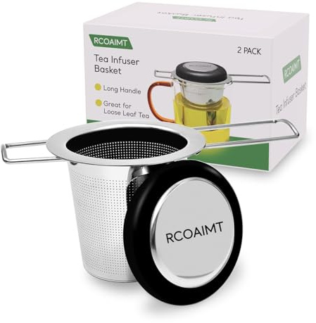 RCOAIMT Tea Infuser Set of 2 with Silicone Heat-Resistant Lids, 304 Stainless Steel Fine Mesh Tea Strainers for Loose Leaf Tea, Coffee, Herbs & Spices, Reusable Long Handle Filter, Dishwasher Safe