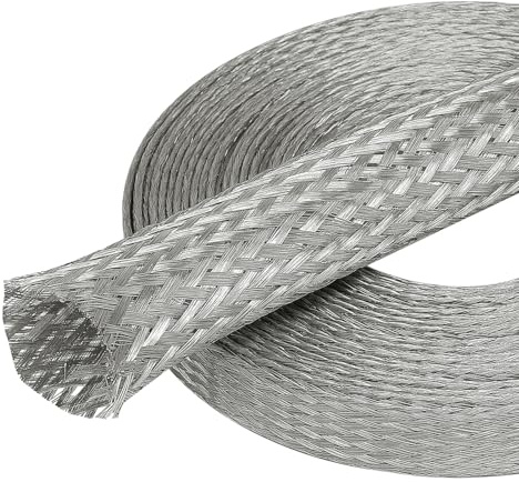 FOURUB Flat Tinned Copper Wires Shielding Sleeving,Wire Cable Braided Sleeve Shield Metal Ground Straps EMI/RFI Mesh Protect (Silver, 1/2-22ft)