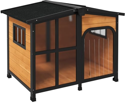 PawHut Outside Cabin-Style Wooden Dog House for Large Dogs with Openable Roof & Giant Window, Outdoor & Indoor Big Dog Shelter, Asphalt Roof, Yellow