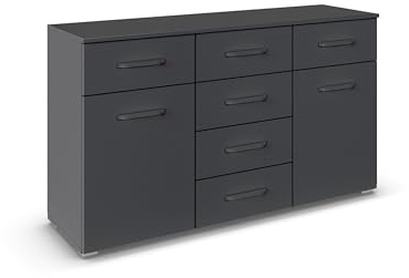 Rauch Möbel Prandon Kommode, Kombikommode, Kommode mit Stauraum, Kommodenschrank, Aufbewahrungsschrank, 2-türig, 6 Schubladen, Farbe Grau metallic, Schwarz, Schalengriff, 140x81x42cm