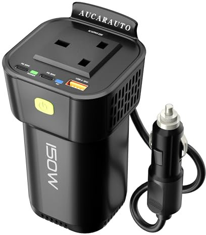 AUCARAUTO 4 in 1 Car Power Inverter Compatible with Cup Holder, 150W Inverter 12V to 240V / 230V Converter with 60W USB-C and 18W USB-A Charging Ports, Charge for Laptop, iPad, Phone, Tablet & More