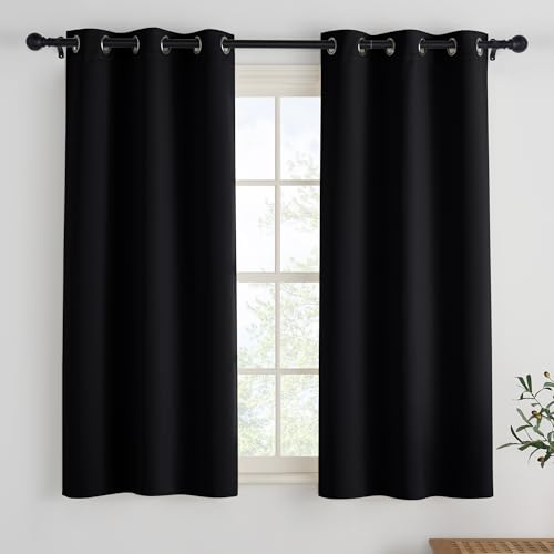 PONY DANCE Rideau Occultants - Court Panneaux à Oeillets pour Maison Chambre, Isolation Lumineux Prêt Poser Anti-UV, 106cm Largeur sur 114 Hauteur, Noir, Lot de 2