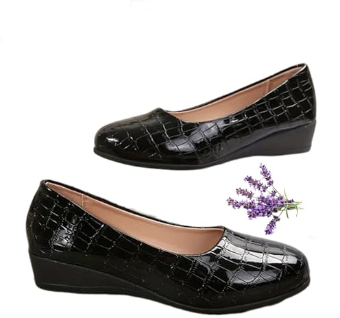 LTHTX Women's Lightweight Leather Shoes, Womens Ladies Low mid Heel Wedge Casual Work Dolly Ballerina Court Shoes (black,6)