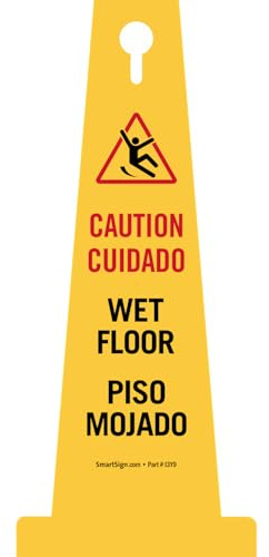 SmartSign 4-Sided Bilingual Caution Wet Floor Cone Sign with Symbol - 26.75 x 11, Tough Molded Plastic, Stackable Safety Cones, Insert Slots for Easy Use, 360-Degree Visibility, Yellow