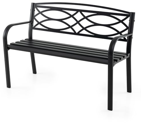 RELAX4LIFE Panchina da Esterno a 2 Posti, Panca da Giardino a Doghe in Metallo con Schienale e Braccioli Curvati, Panca Moderno per Cortile/Parco, Max 300 kg, 116x49x83cm (Modello 23)