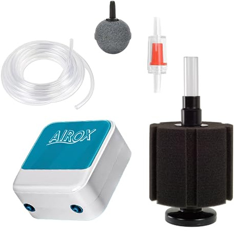 AIROX Juego de bomba de aire para acuario de pecera, potente aireador, configuración completa, con filtro de esponja de tubo, piedra de aire y bomba de aire eléctrica (potencia media de 4 W (100-150 L