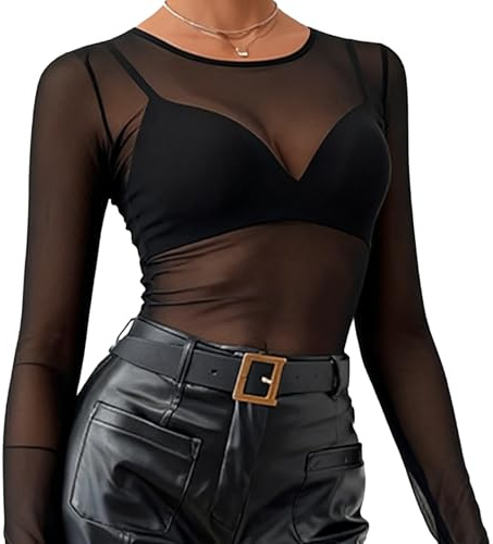 Body Transparent Femme, Top Femme Noir en Maille avec Manches Longues, T Shirt Transparent Slim Fit pour Clubwear, Soirées (FR/ES, Alpha/Lettres, L, Taille Normale, Taille Normale)
