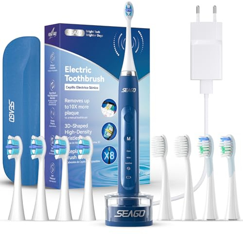 Seago Brosse à dents électrique, avec station de charge sans fil, brosses à dents à ultrasons et étui de voyage, minuterie de 2 minutes, 3 modes, 3 intensités, 8 têtes de brosse, SG-982 (Bleu)