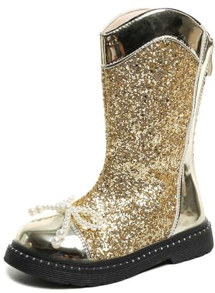 Generisch Botas de lentejuelas para niña, botas medianas con cremallera, botines para niñas, botas de montar de piel sintética, botines impermeables, suela gruesa, botas de invierno para fiesta
