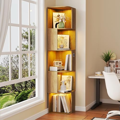 Gurexl 165 CM LED Vitrina con Sensor,Armario de Colección de Esquina con 5 Niveles con 3 Colores LED,Estantería de Pie con Compartimentos Abiertos Asimétricos para Sala de Estar,Oficina,Madera