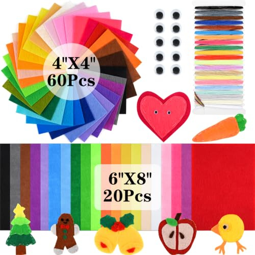NEBURORA 80PCS Felt Fabric Sheets Craft Kit for DIY Sewing Crafts 2 Size | 4''x4''+6''x8'', 1mm Thick Multi-colored Nonwoven Felt Fabric, Suitable for Patchwork DIY, School Projects, Party Decoration