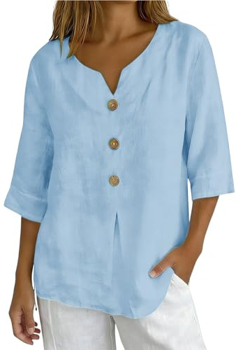 Générique Femme Chemise Lin Manches 7/8 Mode et élégant Chemisier Coton Lin pour Femmes Col V Bouton Chemisiers et Blouses Grande Taille Tunique BlouseTops Couleur Unie Respirant T-Shirts